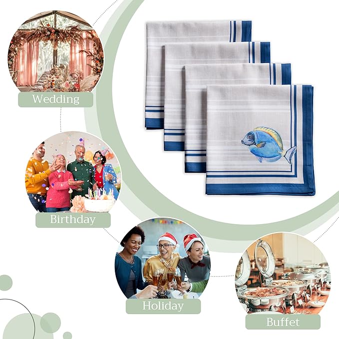 Maison d' Hermine 100% Cotton Cloth Napkins Set of 4 Everyday Reusable Square Napkins Cloth Washable Dinner Party Wedding Restaurant Hotel Kitchen Spring Summer (Poisson, 20" x 20")