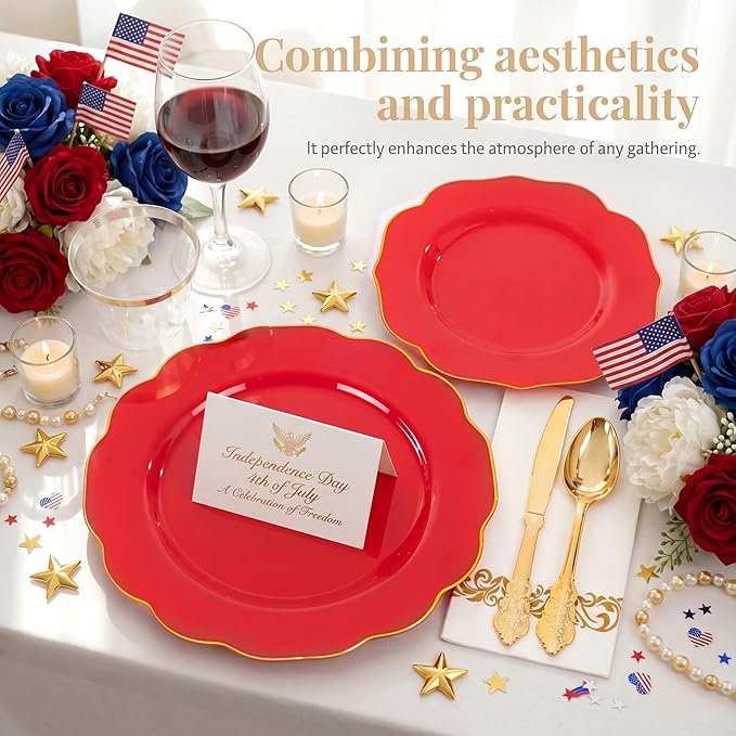 NOCCUR 175PCS Red Plastic Plates with Gold Disposable Silverware - Include 50 Red Gold Plastic Plates,25 Knives,25 Forks,25 Spoons,25 Cups and 25 Napkins - Ideal for Party/Independence Day/Wedding