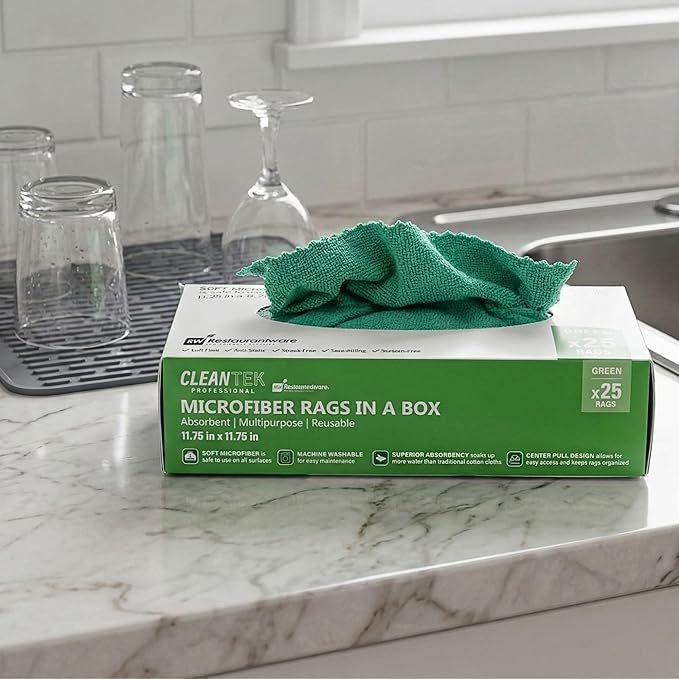 Restaurantware-Clean Tek Professional 11.81 x 11.81 Inch Microfiber Rags in a Box, 250 Absorbent Cleaning Cloths - No-Scratch, Green Microfiber Reusable Edgeless Cleaning Towels, Leaves No Streak