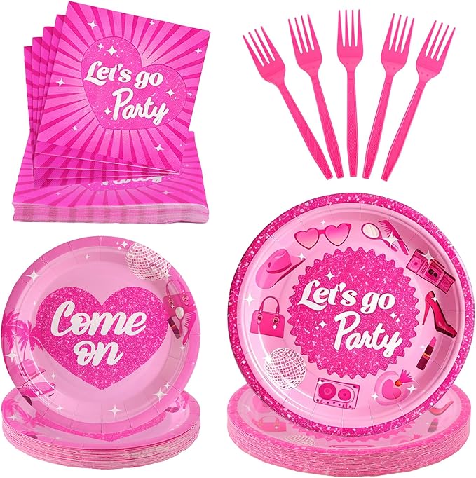 100 Pcs Let's Go Party Supplies for 25 Guests, Heavy-Duty 7" & 9" Paper Plates, 2-Ply 13" Napkins & Plastic Forks, Disposable Pink Tableware Set for Wedding Bridal Shower Party