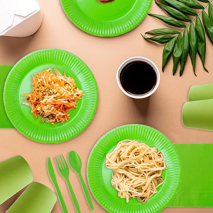 210pcs green Plates And Cups Party Supplies -Green Party Plates Plastic Silverware, Paper Cups And Napkins Serves 30 (Lime Green Paper Plates)