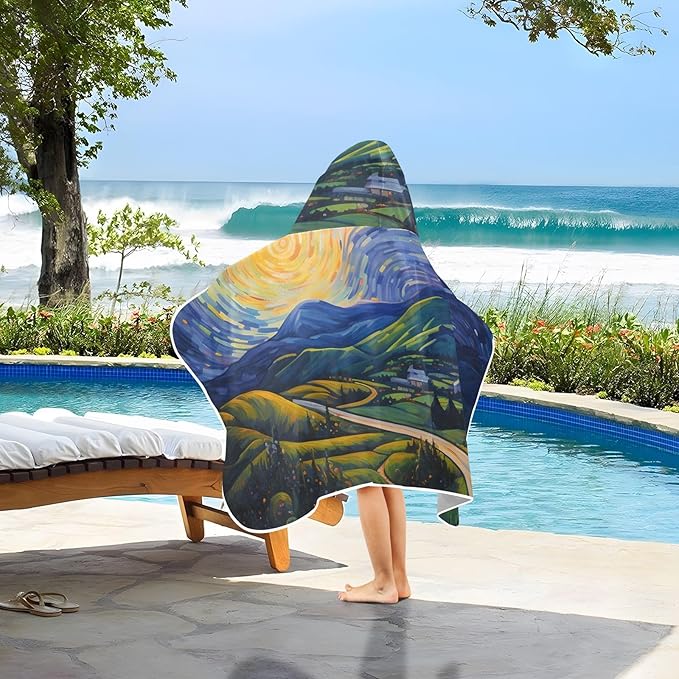 Hooded Towel for Kids Starry Night of Village Fields Beach Wrap Bath Towels 50x23.5in
