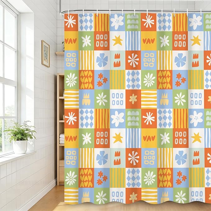 Boho Checkered Floral Shower Curtain Set Multicolored Geometric Flower Print Shower Curtains for Bathroom Waterproof Fabric Bathtub Decorations with Hooks 72x96 Inches
