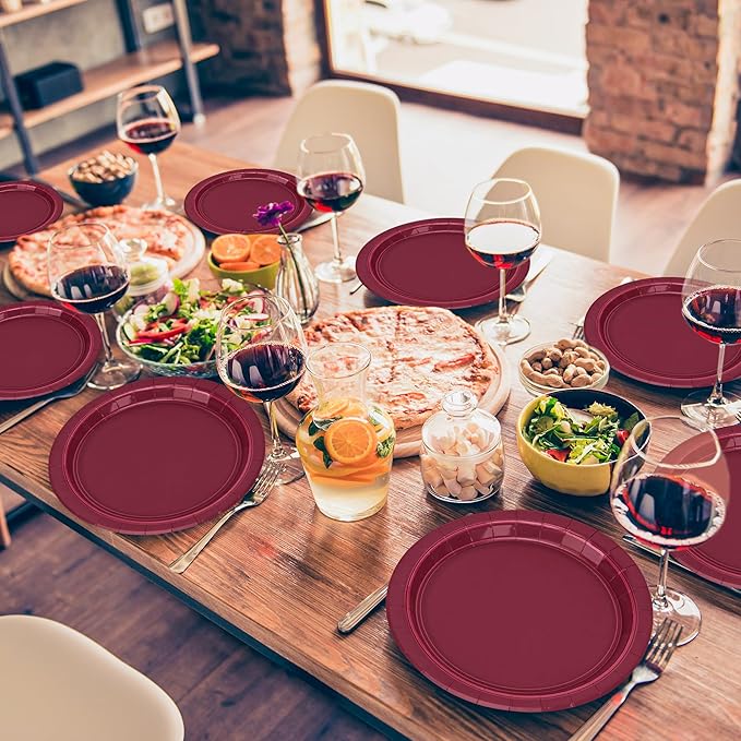 QZYL 50 PCS Paper Plates, Burgundy Heavy Duty Party Plates, Round 9 Inches Disposable Paper Tableware, Everyday Use Plates Set for Daily Meals Wedding Christmas Picnic Supplies