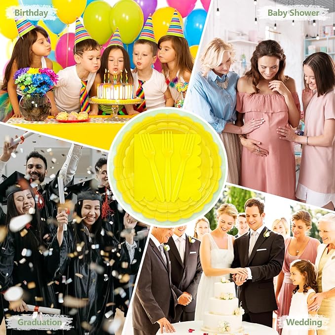 Mulbozy 100 Yellow Plates and Napkins Disposable Set Includes 25-9" & 25-7" Dessert Cake Scalloped Plates, Cocktail Napkins, Forks for for Holiday Party Supplies