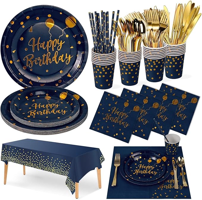 Nkaiso Birthday Party Tableware, 161 Pieces Navy Blue Gold Party Supplies, Party Dinnerware Sets Include Paper Plates Napkins Cups Silverware, for Shower Engagement Parties Decoration -20 Serves