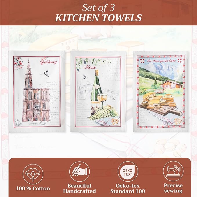 Maison d' Hermine Kitchen Towels Set of 3 100% Cotton 27.50" x 20" Reusable Cloth Tea Dish Towels Absorbent with Hanging Loop for Kitchen Farmhouse Hotel Spring Summer - Ribeauville