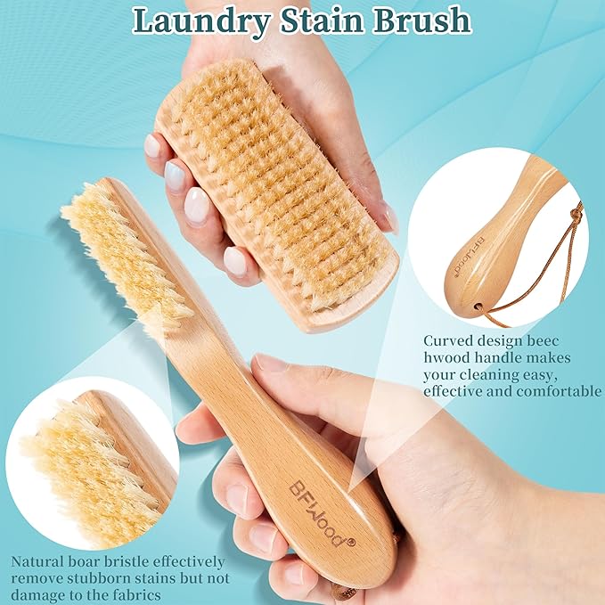 BFWood Laundry Stain Brush - Natural Soft Boar Bristle for Scrubbing Out Tough Stains on Delicate Fabrics, Knits, Cotton, Linens, No Damage (Set-2PCS)