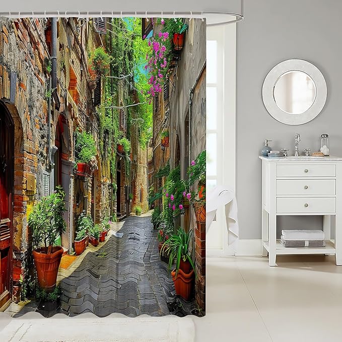 Floral Bath Curtain European Town Shower Curtain For Kids Boys Girls Tuscan House Building Bathroom Shower Curtain Set Cobblestone Alley Italian Street Waterproof Shower Curtain with Hooks 72x84 Inch