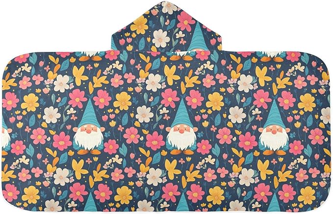 Kids Beach Towels Cartoon Cute Gnome Flowers Black Hooded Beach Bath Towel Lightweight Toddler Towels