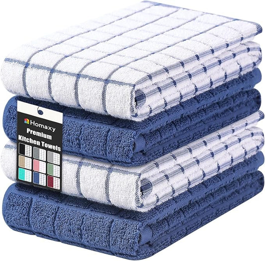 Homaxy Premium Cotton Kitchen Towels 16"x 28", Large Natural Ring Spun 390 GSM Dish Towels, Super Absorbent Terry Kitchen Hand Towels, Soft Tea Towels with Hanging Loop, Navy Blue Check Design, 4 Pack