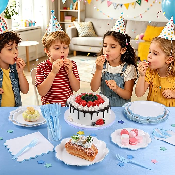 96 Pcs Light Blue and White Paper Plates and Napkins Set, Tableware set for 24 Guest include White Dessert Plates with baby Blue Scalloped Edge, Napkins and Forks for Baby Boy Shower,Wedding