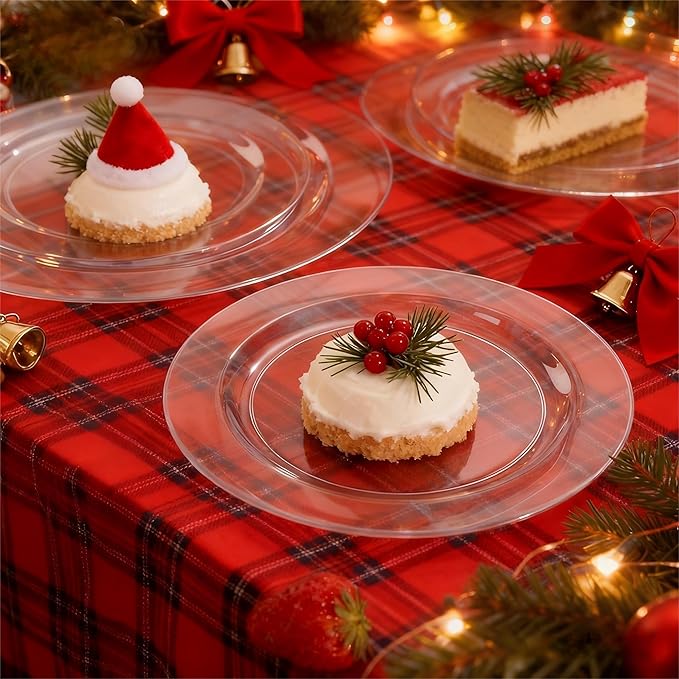FLOWERCAT 100PCS Clear Plastic Plates - Heavy Duty Clear Disposable Plates for Fall Party/Wedding/Christmas - Include 10inch & 7inch Dinner/Dessert Plates for 50guests