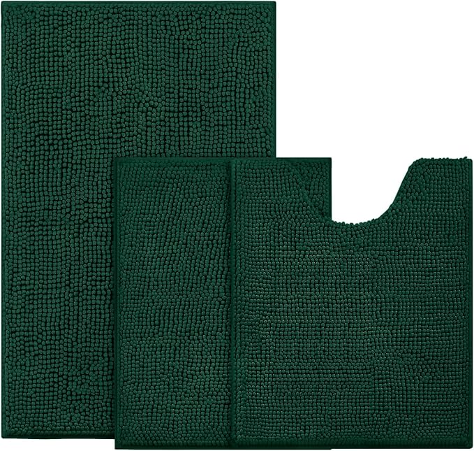 BYSURE Dark Green Bathroom Rugs Sets 3 Piece Non Slip Extra Absorbent Plush Chenille Soft Washable Bath Mats