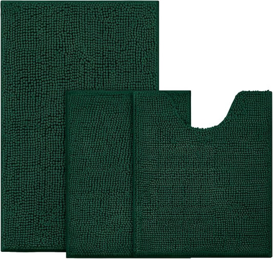 BYSURE Dark Green Bathroom Rugs Sets 3 Piece Non Slip Extra Absorbent Plush Chenille Soft Washable Bath Mats