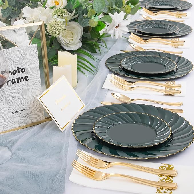 YOUBET 150PCS Emerald Green Plastic Plates - Green and Gold Disposable Dinnerware Include 50 Plates, 25 Knives, 25 Forks, 25 Spoons, 25 Napkins Ideal for Party & Wedding
