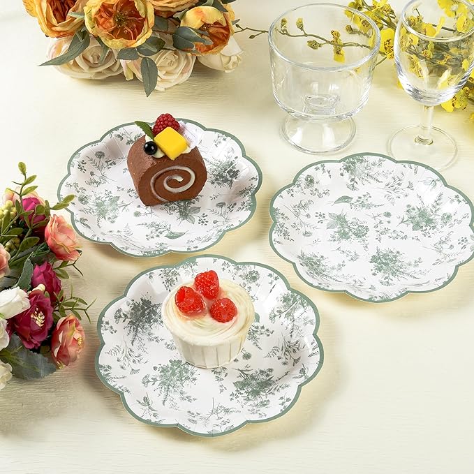 24Pcs Sage Green Floral Party Plates 7" Vintage Floral Leaf Disposable Paper Plates Wildflower Toile Small Scalloped Dessert Plate for Spring Easter Birthday Bridal Tea Party Supplies