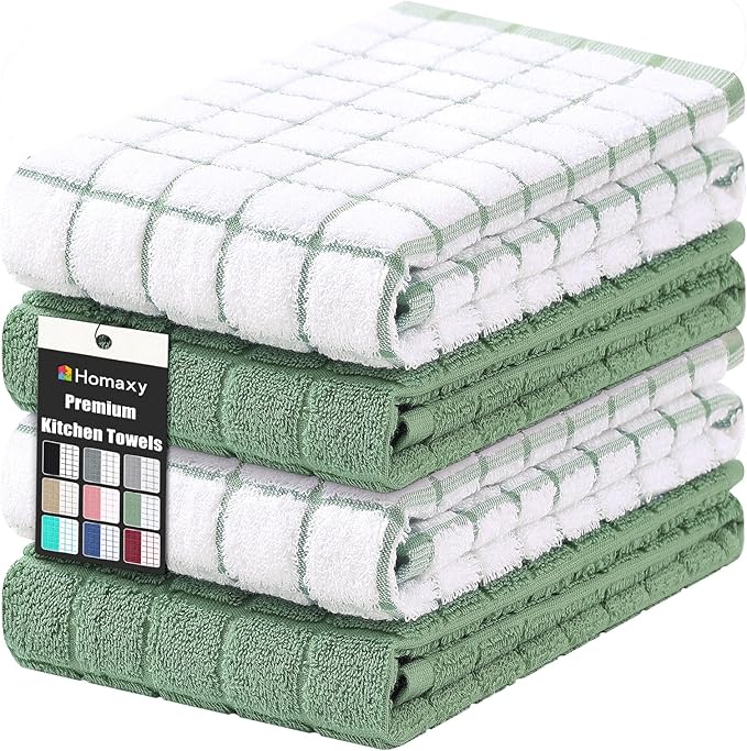 Homaxy Premium Cotton Kitchen Towels 16"x 28", Large Natural Ring Spun 390 GSM Dish Towels, Super Absorbent Terry Kitchen Hand Towels, Soft Tea Towels with Hanging Loop, Grass Green Design, 4 Pack