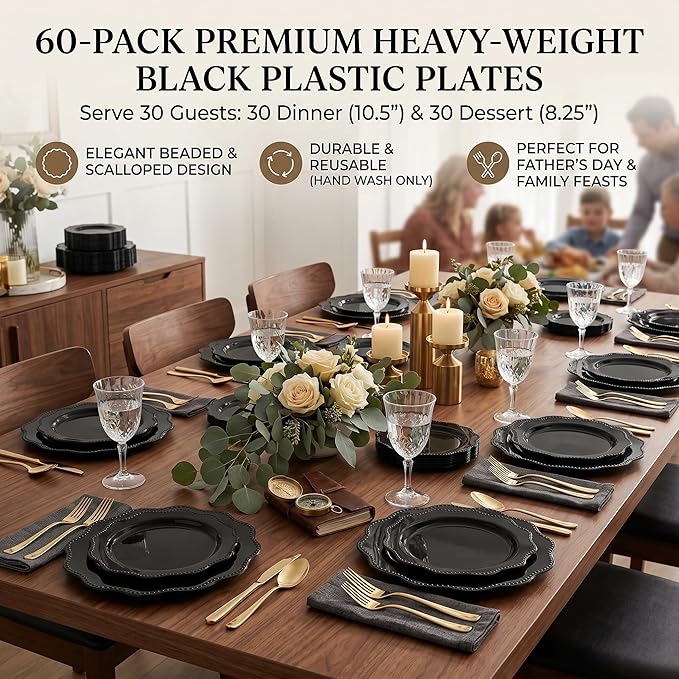 COLOSUS 60pcs Black Plastic Plates Set,Heavy Duty Black Disposable Plate for Party,Include 30PCS 10.5inch Dinner Plates and 30PCS 8.25 inch Dessert Plates for Father's Day/Wedding/Birthday