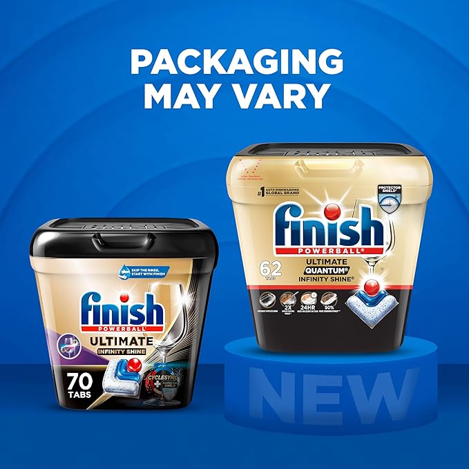 Finish Ultimate Infinity Shine Dishwasher Pods, No Pre-Rinse Dishwasher Detergent Soap Removes Burnt-On Stain, with Protector Shield & CycleSync Technology, Degreasing & Scrubbing Power, 62 Count