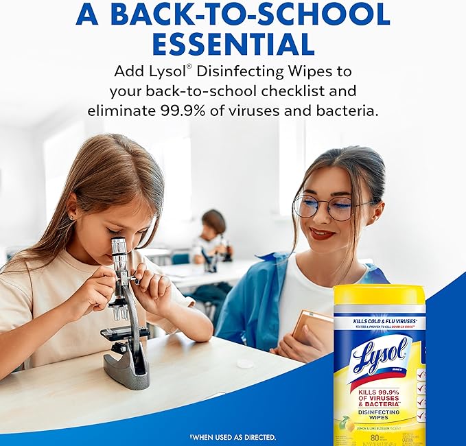 Lysol Disinfectant Wipes Multi-Surface Antibacterial Cleaning Wipes, Dorm Room Essentials For Disinfecting and Cleaning Lemon and Lime Blossom 80 Count (Pack of 2)
