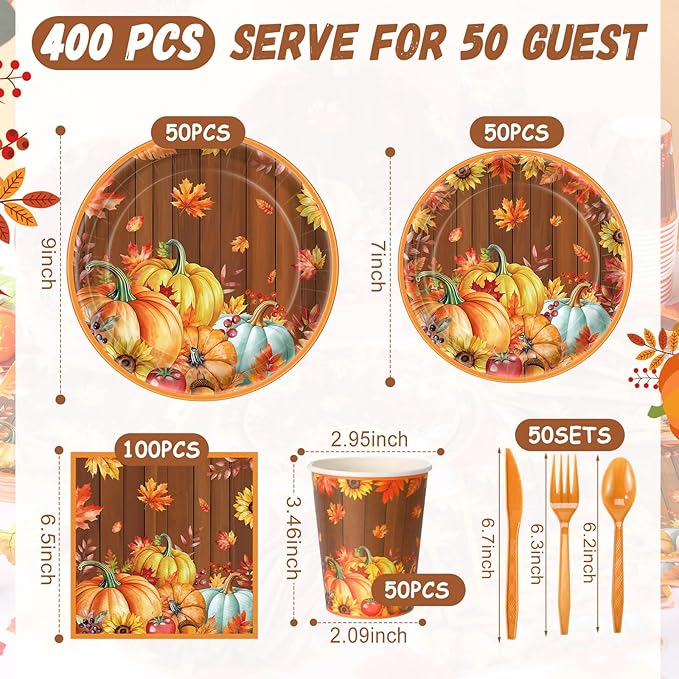Pickmesh 400 Pcs Thanksgiving Plates and Napkins Set, Fall Pumpkin Paper Plates and Cups with Plastic Cutlery, Pumpkin Maple Leaf Disposable Tableware for Autumn Harvest Party Supplies