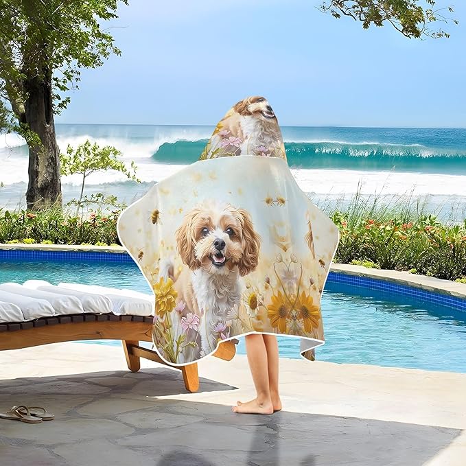 Hooded Towel for Kids Cockapoo Dog Standing in The Flowers Beach Wrap Bath Towels 50x23.5in