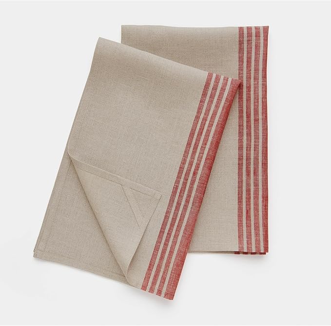 Solino Home Red and Natural Linen Kitchen Towels Set of 2-100% Pure Linen 17 x 26 Inch Farmhouse Tea Towels with Hanging Loop - European Flax Kitchen Dish Cloth - Quick Dry & Machine Washable