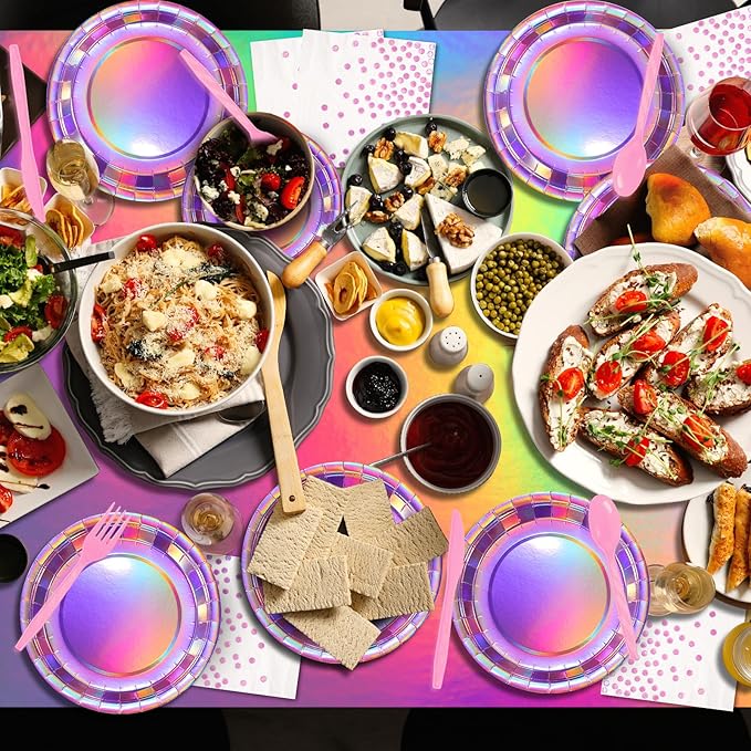 Iridescent Pink Party Supplies Decorations Serve100, Hot Pink Holographic Paper Plates and Napkins Set, Disposable Pink Paper Plates Cups Knives Spoons Fork for Mermaid Disco Kpop Birthday Party Decor
