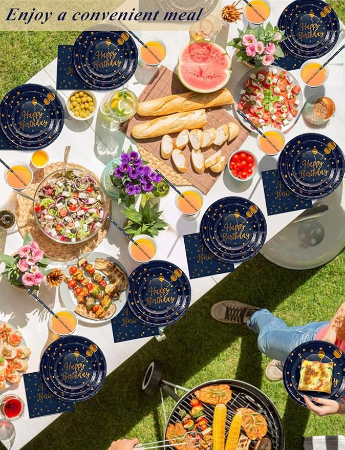 Nkaiso Birthday Party Tableware, 161 Pieces Navy Blue Gold Party Supplies, Party Dinnerware Sets Include Paper Plates Napkins Cups Silverware, for Shower Engagement Parties Decoration -20 Serves