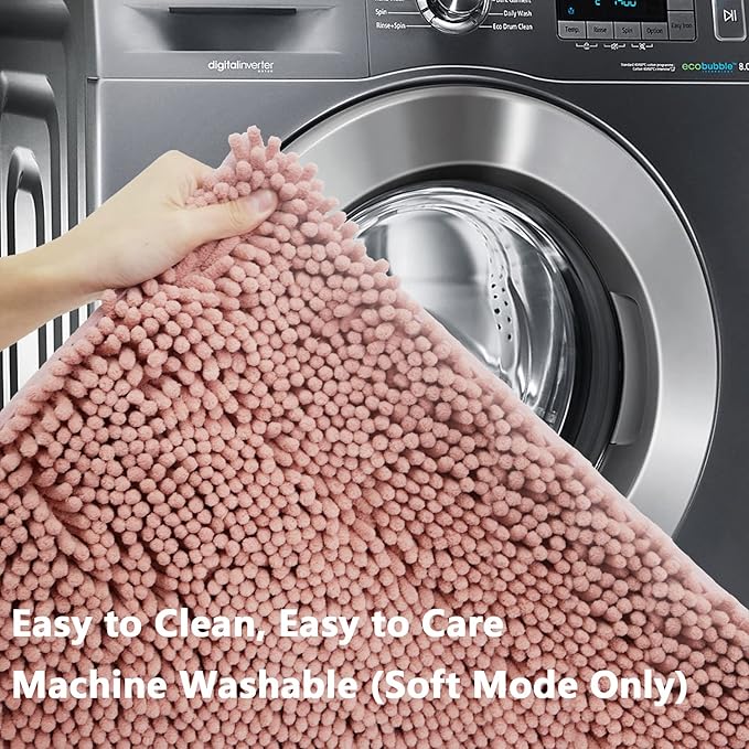 BOANKODU Bathroom Rugs Sets 2 Piece, Extra Soft Chenille Bath Mat Absorbent Bathroom Rug, Bathroom Mat with Sturdy PVC Non-Slip Bottom, Machine Washable Bath Rugs (32x20 Inch + 24x16 Inch, Deep Pink)