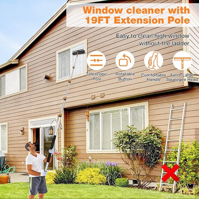 26Ft Window Squeegee with 5-19 FT Extension Poles, 2-in-1 Window Cleaning Kit with Telescopic Pole, Extra-Large 14" Window Squeegee Window Cleaner Tool with Adjustable Head, for High Window, Glass, RV