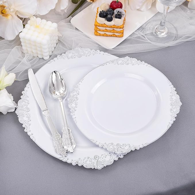 Liacere 150PCS Silver Plastic Plates with Silver Cutlery - Disposable Plastic Plates Include 30Dinner Plate, 30Dessert Plate, 30Knives, 30Spoons, 30Forks - Ideal for Wedding & Party