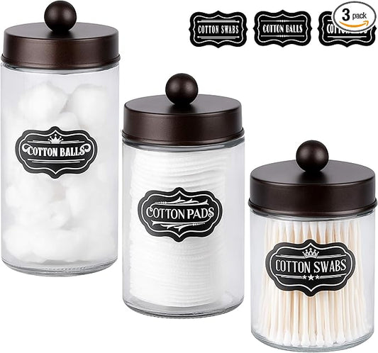 Apothecary Jars 3 Pack - Glass Bathroom Containers with Stainless Steel Lids - Rustic Farmhouse Decor Bathroom Accessories, Vanity Organizer Apothecary Jars for Qtip/Cotton Balls (Bronze)