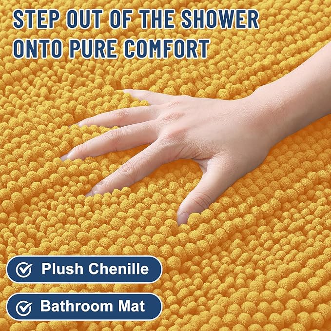 Grandaily Chenille Striped Bathroom Rugs 36x24, Extra Thick and Soft Absorbent Bath Mats, Rubber Backing, Plush Shaggy Shower Carpet, Machine Wash Dry, Bath Rug for Bathroom, Golden Yellow