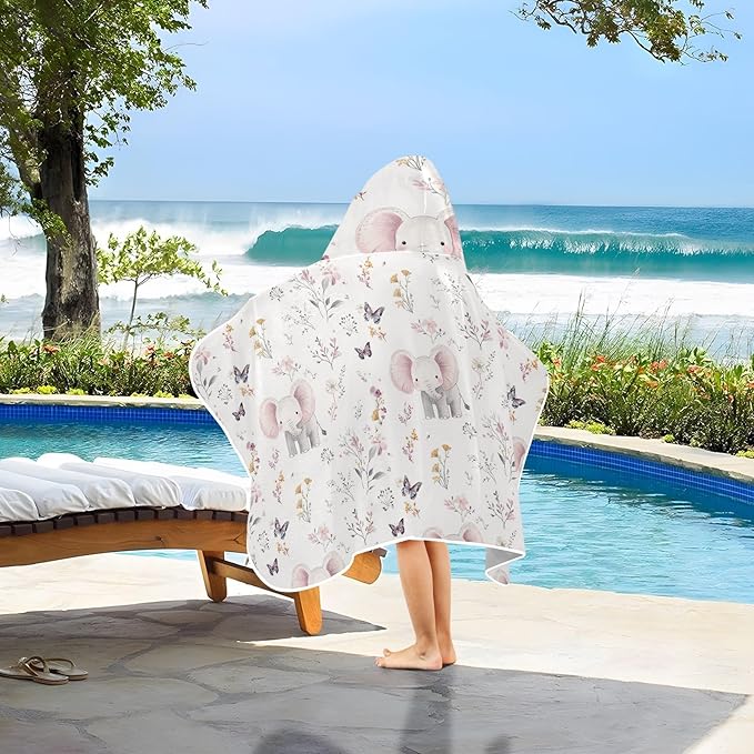 Kids Hooded Beach Towel Cartoon Cute Eelephant and Flowers Hooded Beach Bath Towel Quick Dry Toddler Bath Towels