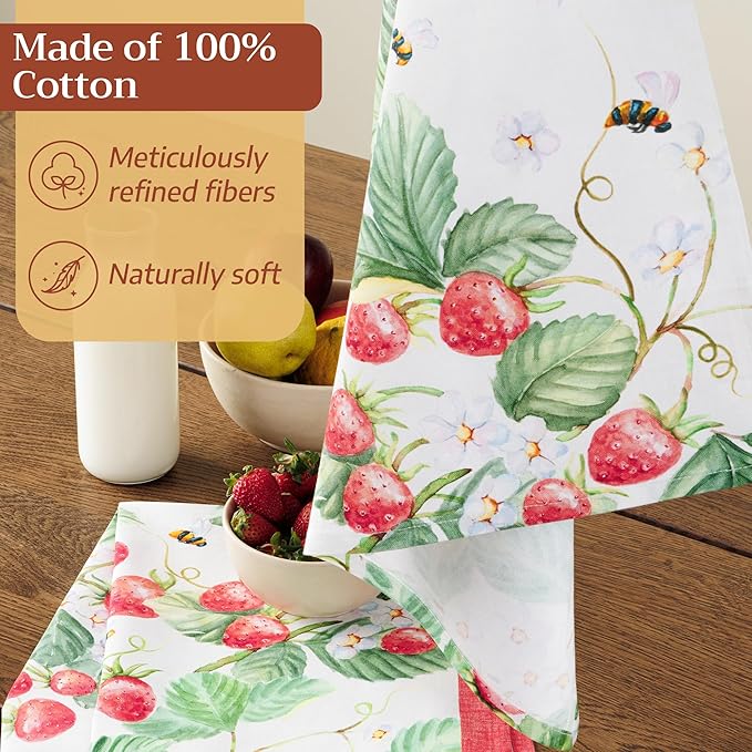 Maison d'Hermine Kitchen Towels Set of 2 100% Cotton 27.50" x 20" Reusable Cloth Tea Dish Towels Absorbent with Hanging Loop for Kitchen, Home, Dining, Cocktail Parties (Strawberry Summer)