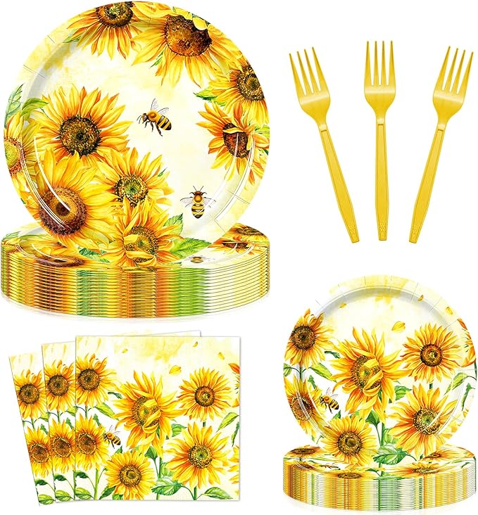 96 Pieces Sunflower Plates and Napkins, Yellow Floral Disposable Tableware with Paper Plates Napkins and Forks for Sunflower Party Supplies, Birthday, Baby Shower, Bridal Shower Decorations, Serves 24