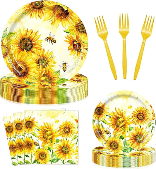 96 Pieces Sunflower Plates and Napkins, Yellow Floral Disposable Tableware with Paper Plates Napkins and Forks for Sunflower Party Supplies, Birthday, Baby Shower, Bridal Shower Decorations, Serves 24
