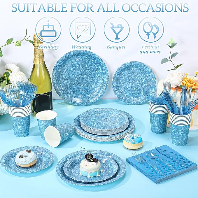 Hushee 175 Pcs Light Blue Holographic Print Party Supplies Guests Disposable Dinnerware Set Include Paper Plates, Napkins, Cups, Plastic Cutlery for Wedding Birthday Disco Bachelorette