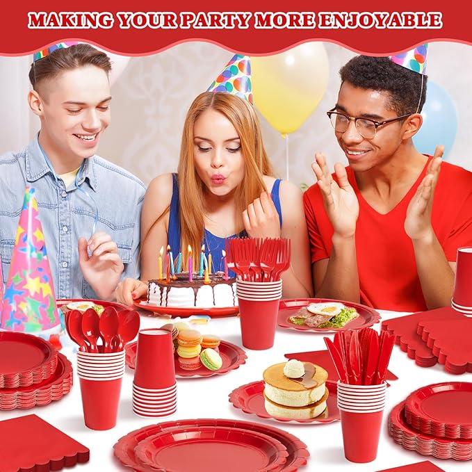 Vyntra 350 Pcs Red Disposable Paper Plates and Napkins Set for 50, 9" Dinner Plates & 7" Dessert Plates, Tableware for Christmas, Valentine’s Day, Birthday, Party