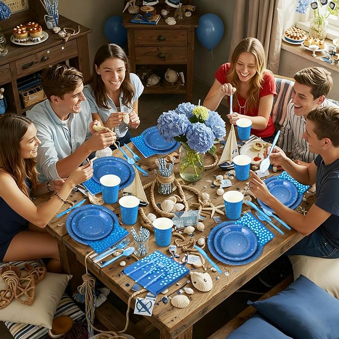 Hushee 175 Pcs Dark Blue Holographic Print Party Supplies Guests Disposable Dinnerware Set Include Paper Plates, Napkins, Cups, Plastic Cutlery for Wedding Birthday Disco Bachelorette