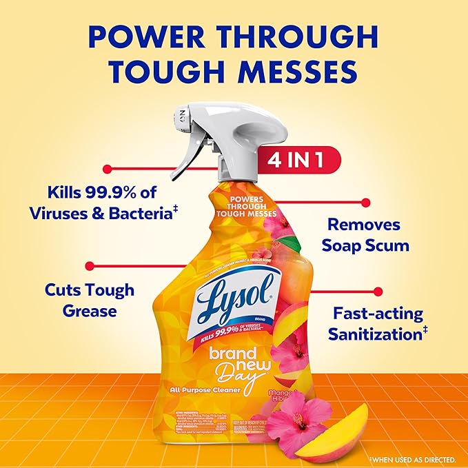 Lysol All Purpose Cleaner Spray, Multi-Purpose Disinfecting Spray, Kitchen & Bathroom Cleaner, Mango & Hibiscus Scent, 32 Fl Oz (Pack of 2)