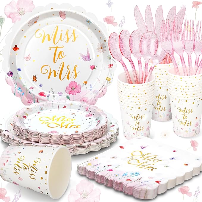 Wildflower Bridal Shower Decorations, Bridal Shower Plates and Napkins Sets 168Pcs, Miss to Mrs Wildflower Plates Serves 24, Love is In Bloom, Wedding Shower, Engagement Party