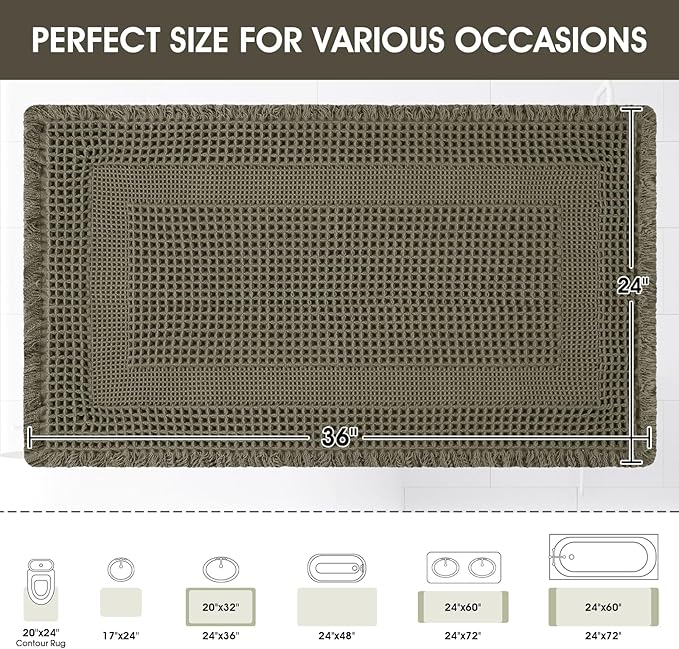 Upgraded Waffle Bath Mat, 36"x24" Greyish Green-Looped, Super Absorbent Non-Slip Quick Dry Bathroom Rugs with Tassels, Machine Washable Ultra Soft Boho Bath Rugs, Toilet Mats Boho Farmhouse Decor