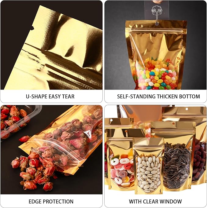 200 Pcs Mylar Bags for Food Storage, 6x9 Mylar Bag with Window Stand Up, Small Holographic Resealable Bags Smell Proof Bag Food Packaging for Small Business Freeze Dried Candy Jewelry Foil Packaging