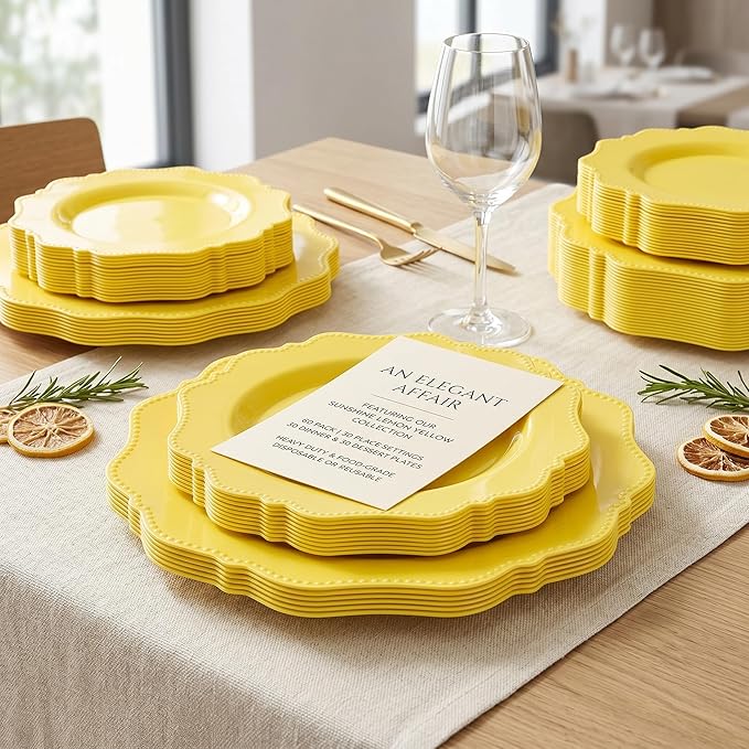COLOSUS 60Pcs Lemon Yellow Plastic Plates, Mother's Plastic Plates.,Light Baby Yellow Party Plates, Heavy Duty 30 Dinner plate 10.5" and 30 Salad/Dessert Plate 8.25" for Wedding,Party