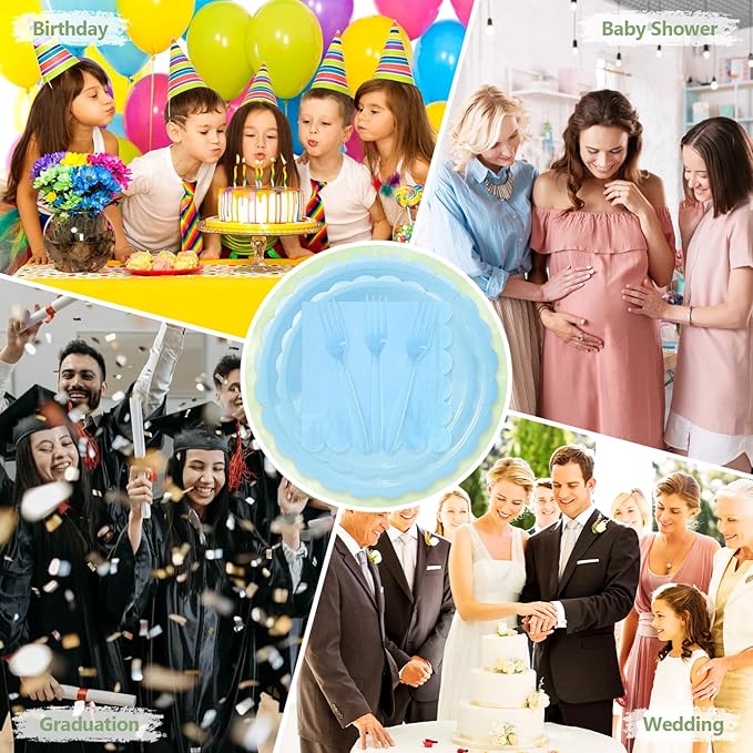 Mulbozy 100 Light Blue Paper Plates and Napkins Disposable Set Includes 25-9" & 25-7" Dessert Cake Scalloped Plates, Cocktail Napkins, Forks for for Holiday Party Supplies