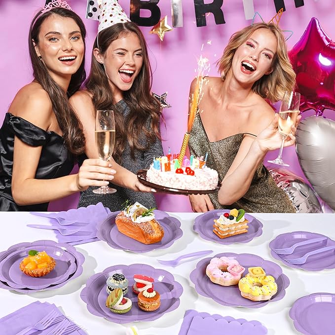 96 Pcs Lavender Paper Plates and Napkins Set Party Supplies, Light Purple Party Supplies for 24 Guest include Disposable Purple Scalloped Plates, Napkins and Forks for Baby Shower Easter Party Wedding
