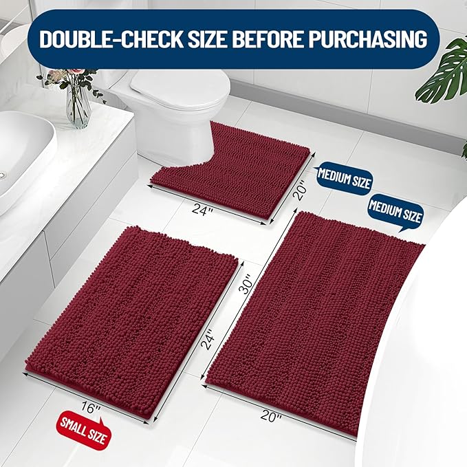 Grandaily Chenille Striped Bathroom Rugs 47x20, Extra Thick and Absorbent Bath Mats, Non-Slip Soft Plush Shaggy Shower Carpet, Machine Wash Dry, Bath Rug for Bathroom, Burgundy